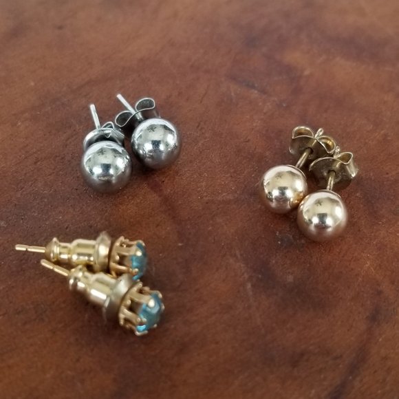 Vintage Post Earring Lot- 3 pairs- Gold & Silver Ball & Aqua Blue Crystal - Picture 1 of 8
